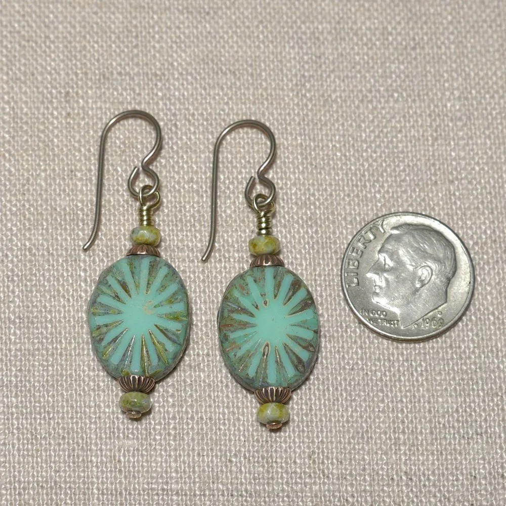Hand Crafted Handmade Earrings Turquoise Oval Czech Glass Beaded Earrings - Picture 3 of 4